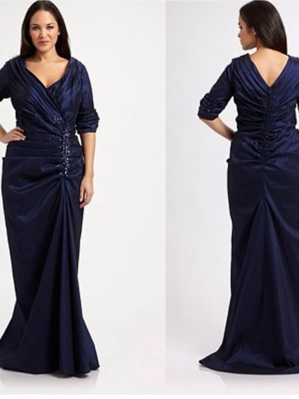 Tadashi Shoji Side Ruched Jeweled Beaded Long Maxi Gown Dress Navy Blue 8
